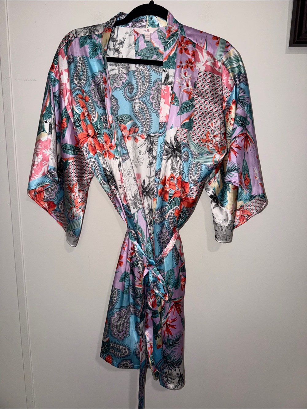Secret Treasures Floral Paisley Satin Short Robe in Teal, Lavender & Coral